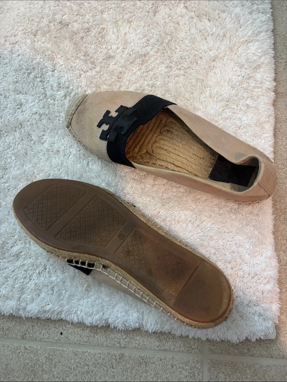 Tory Burch Tan Canvas Espadrille Flats with Black Logo Band